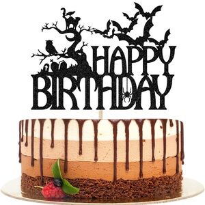 NWT Halloween Happy Birthday Cake Topper Spooky Haunted House Black Glitter